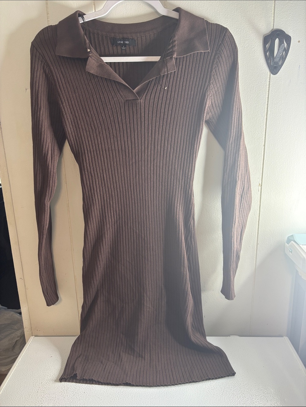 301 - Love Tree Ribbed Long Sleeve Collared Knit Dress - Brown